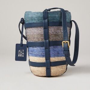 ALTUZARRA Watermill Bucket Bag blue green beige rafia with leather strap